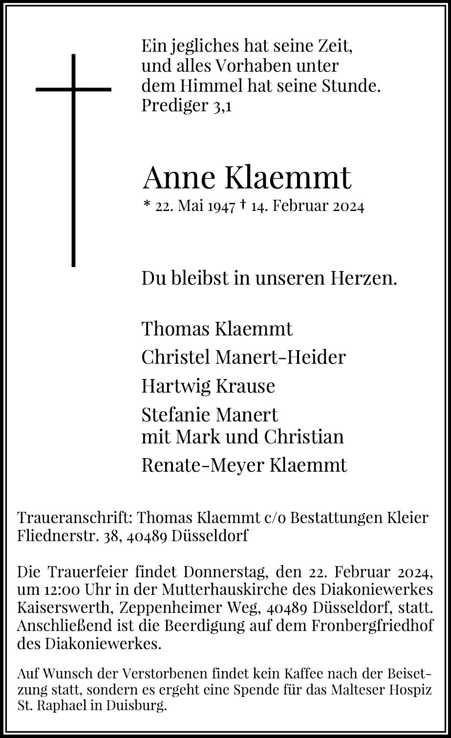 Traueranzeige Anne Klaemmt