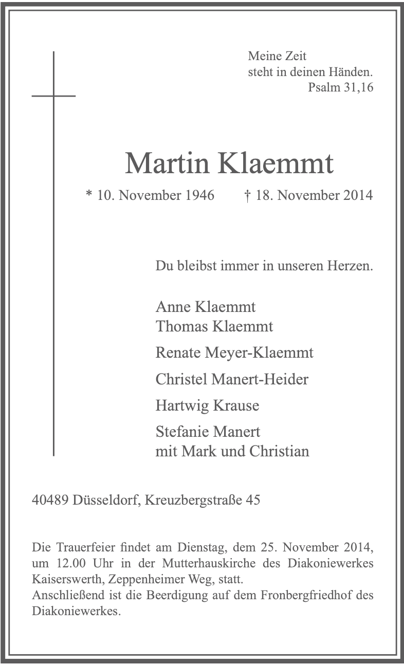Traueranzeige Martin Klaemmt